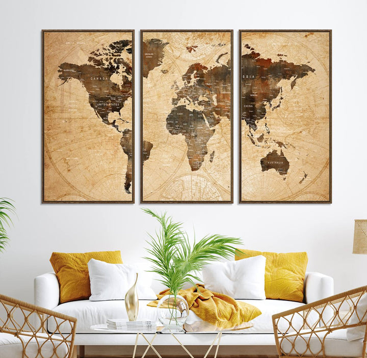 Vintage World Map: 3-Panel Canvas Print in antique rustic style. Framed and gallery wrapped. Ideal for decor.
