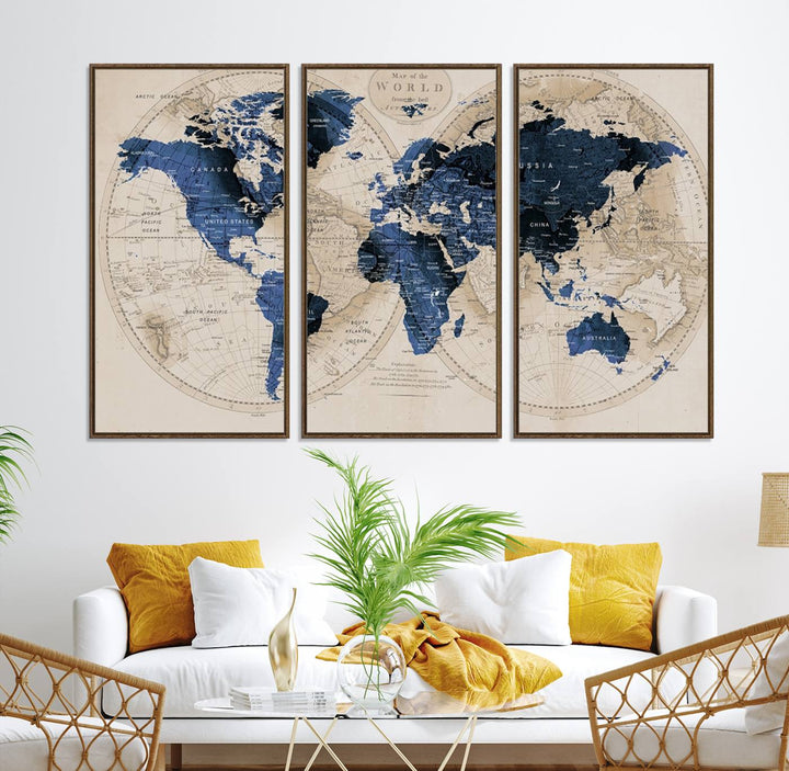 The Vintage Triptych Map Print is a grunge-stained blue and beige world map, perfect for enhancing wall decor.