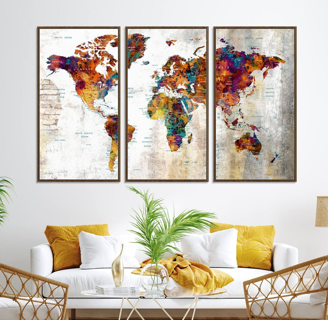 A vibrant Grunge Map Canvas Wall Art Set (3 Panels) for home or office decor, perfect for travel enthusiasts.