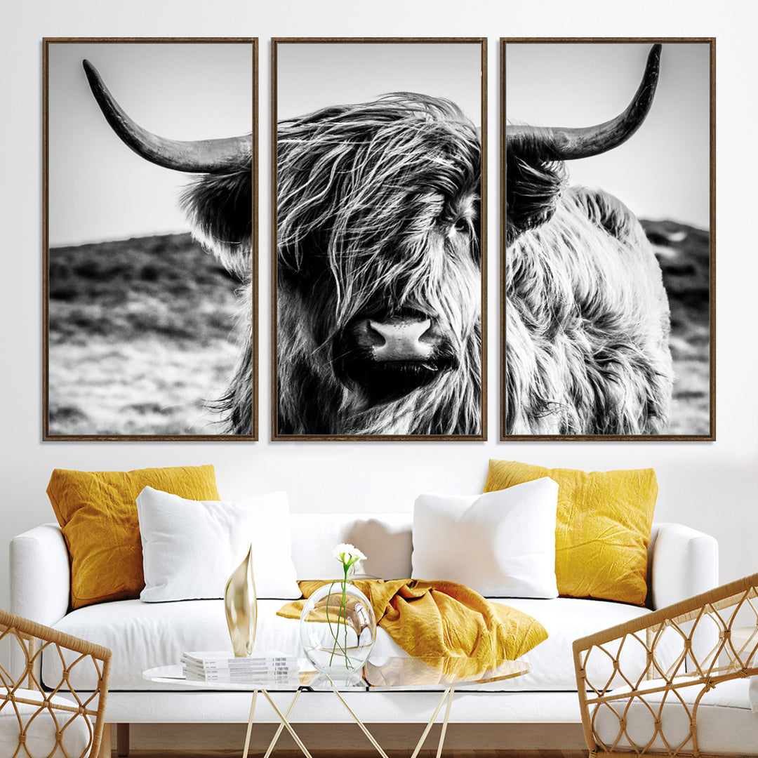 Highland Cow Wall Art | 3-Panel Black and White Highland Cow Canvas Print for Western Farmhouse Decor