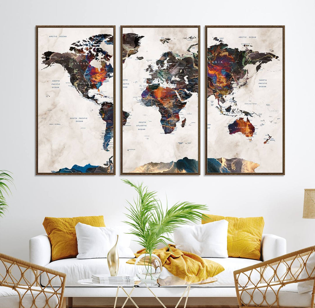 Watercolor World Map Canvas Print in earthy hues with a grunge background, ideal for wall decor.