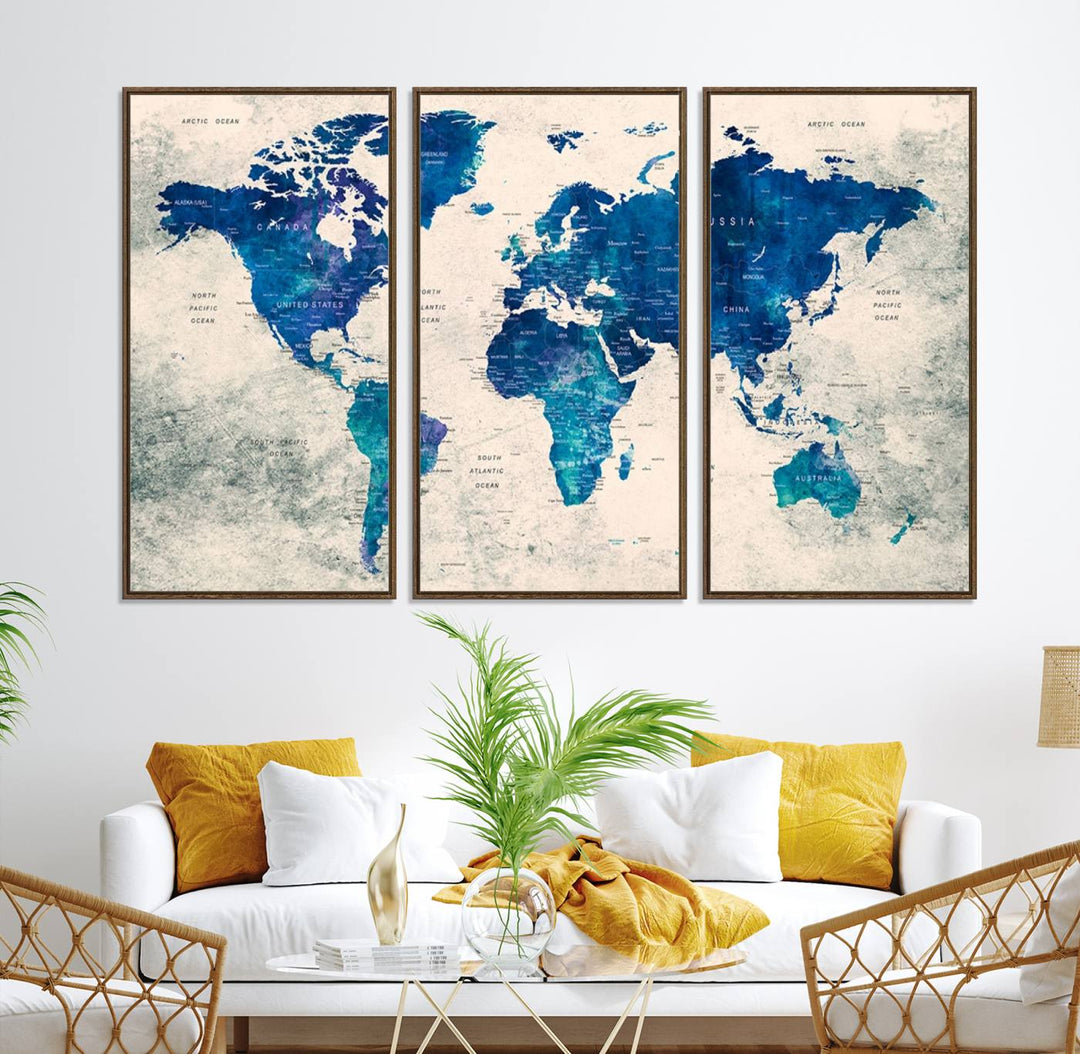 Navy Blue Push Pin World Map Canvas Print featuring a grunge-stained background, with labeled countries and oceans.