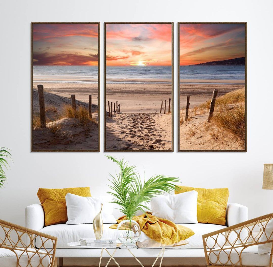 The Sunset on the Sea Wall Art Canvas Print beautifully captures a beach sunset and waves, enhanced with a UV-protective coating.