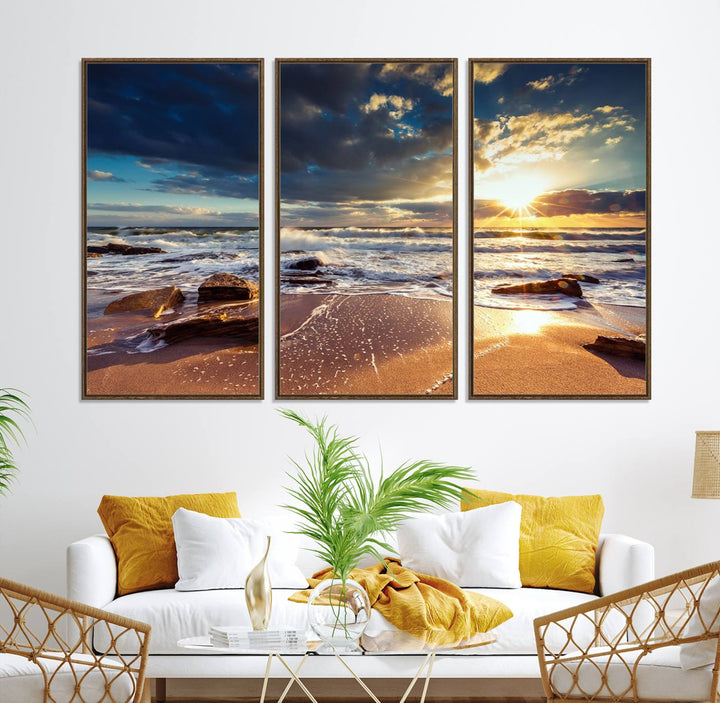 The Golden Hour Beach Sunset triptych adorns the wall with its captivating imagery.