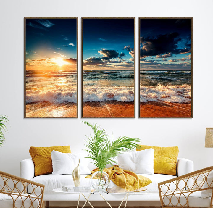 Golden Hour Sunset Over Ocean Waves Canvas: 3-Panel Coastal Landscape Art with Stunning Beach Photography Print.