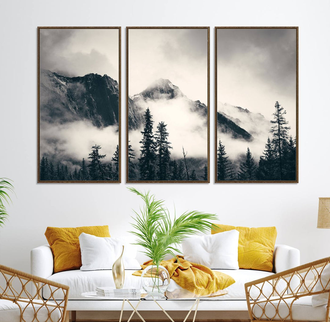 Forest Mountain Print - Black and White Canvas.