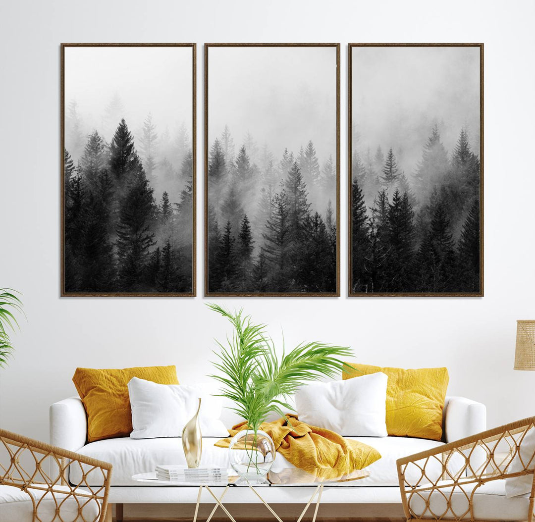 Black and white canvas art depicts a misty pine forest, offering a dense landscape that appeals to nature and woodland art lovers.