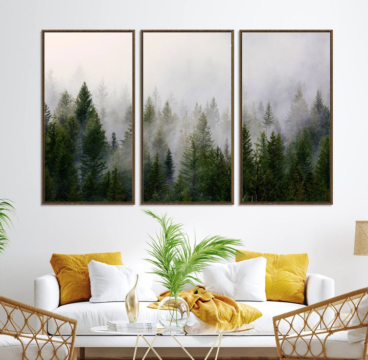 A serene, foggy evergreen forest creates a mysterious atmosphere, ideal for premium canvas wall art.