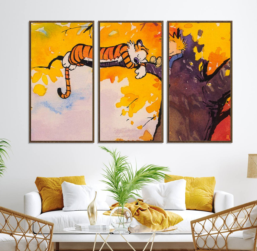 Premium canvas Calvin Wall Arts featuring a boy and tiger relaxing on a branch.