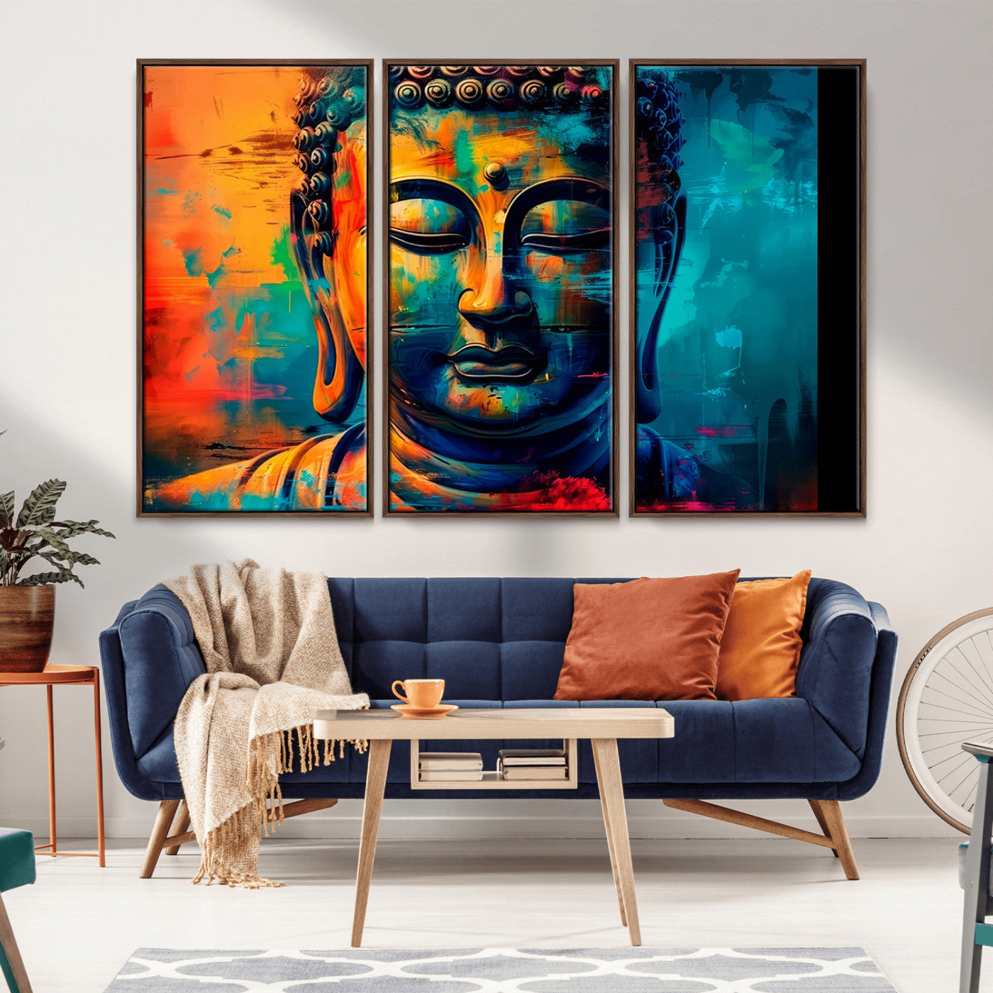 A vibrant, abstract artistic rendition of a Buddha statue face, blending bold and contrasting colors to evoke a sense of peace, spirituality, and enlightenment.