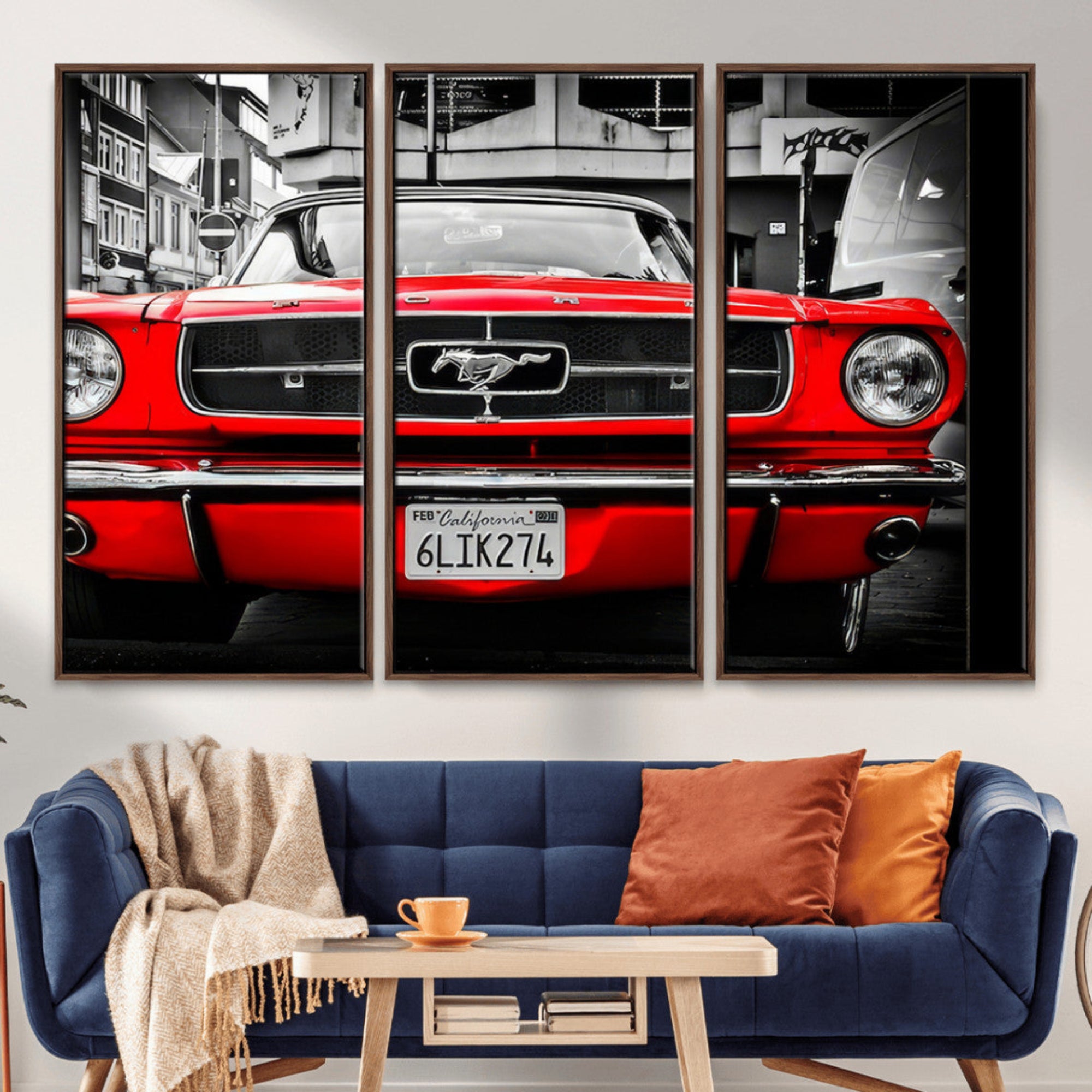 20365-MGV-CV-48X32-3P-Red Mustang Car Wall Art – Framed Classic Vehicle Canvas Artwork, Black White Urban Design, Decor for Home, Office