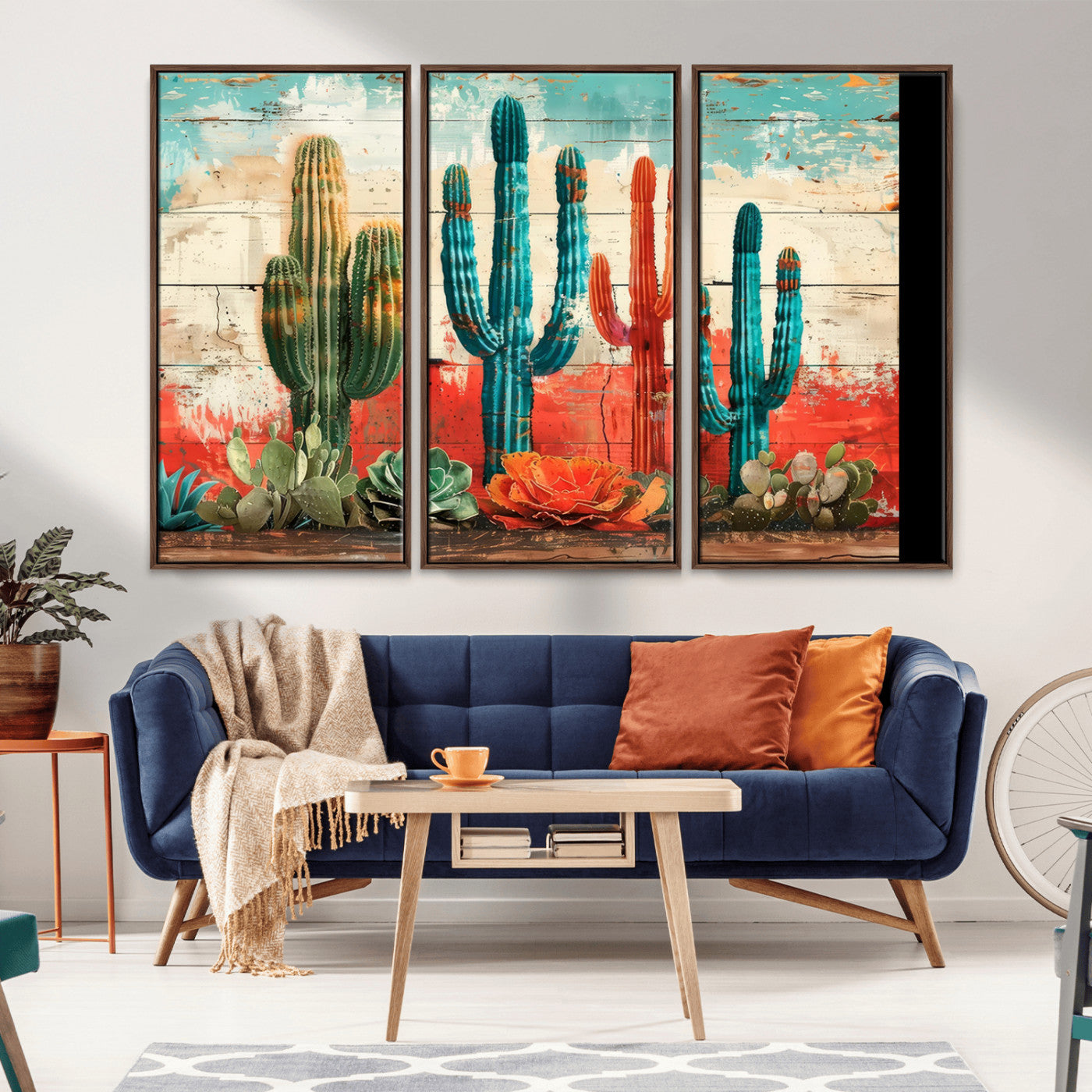 A vivid southwestern-style artwork featuring an eclectic mix of cacti and succulents painted against a textured, rustic wood backdrop in rich turquoise, red, and orange hues.