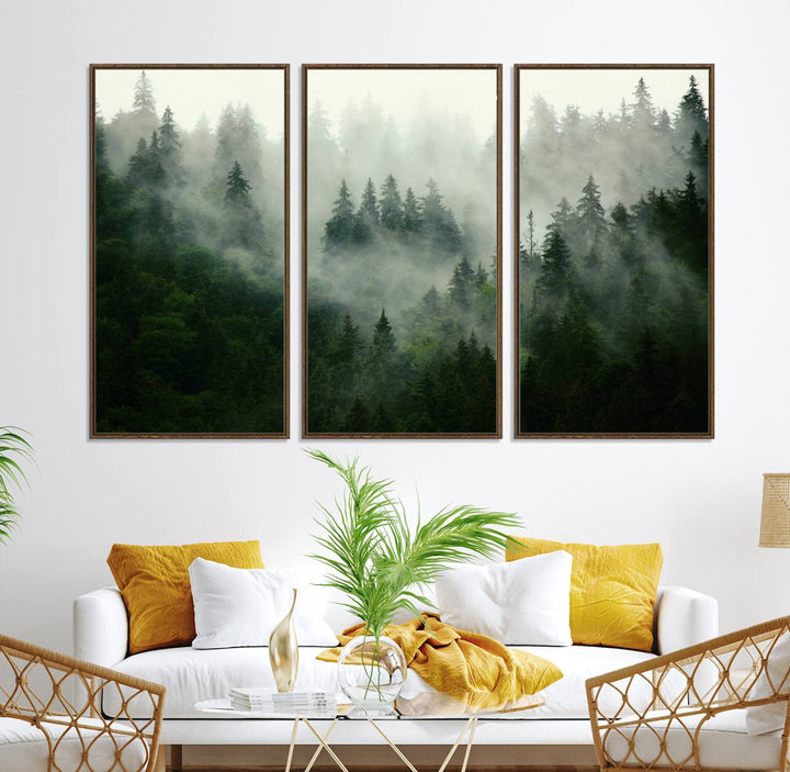 Misty Forest Mountain Wall Art | Large 3-Panel Foggy Landscape Canvas Print | Misty Forest Canvas Art | Nature Wall Art for Home | Mountain Fog Print