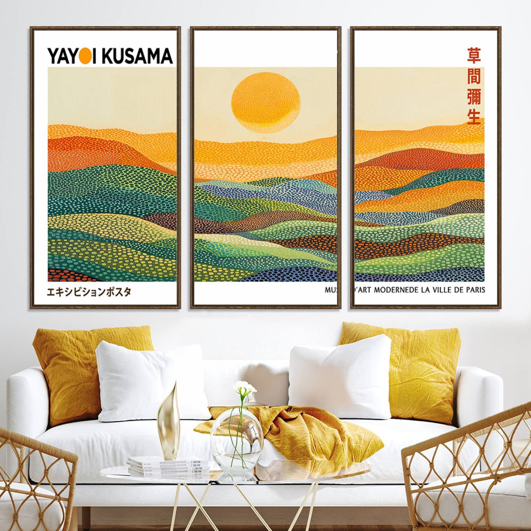 Framed Yayoi Kusama 1986 Wall Art: A vibrant abstract landscape featuring Wabi Sabi hills and a sun, created by the Japanese artist.