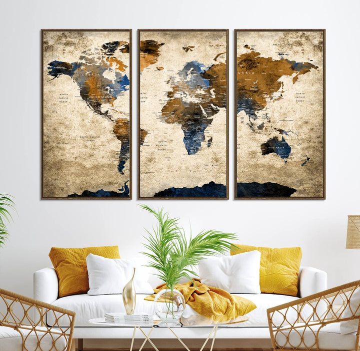 A Vintage World Map Canvas featuring brown, blue, and white on a textured background. Ideal for wall art in living rooms or offices.