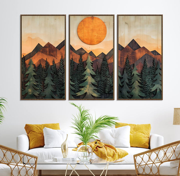 Sunset Mountain Landscape canvas wall art print featuring forest and wooden textures in green, brown, and orange.