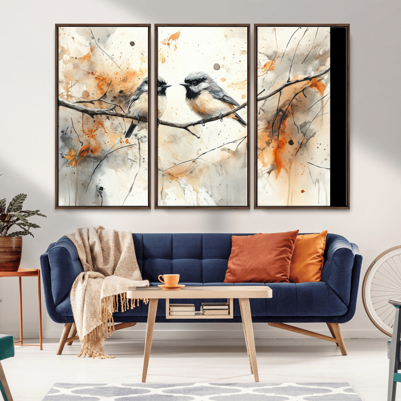 A soft and elegant watercolor painting of two chickadees perched on a delicate branch, surrounded by splashes of orange and neutral tones evoking a calm autumn day.