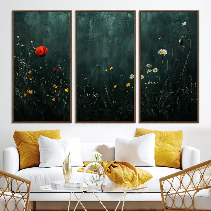 Wildflower Field Framed Wall Art, Vintage Botanical Landscape Sign, Botanical Wall Art, Modern Farmhouse Canvas Art, Field Of Flowers Canvas Print