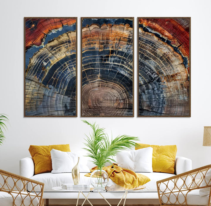The Abstract Tree Ring Wall Art in orange, blue, and gray perfectly complements minimalist nature-inspired home decor.