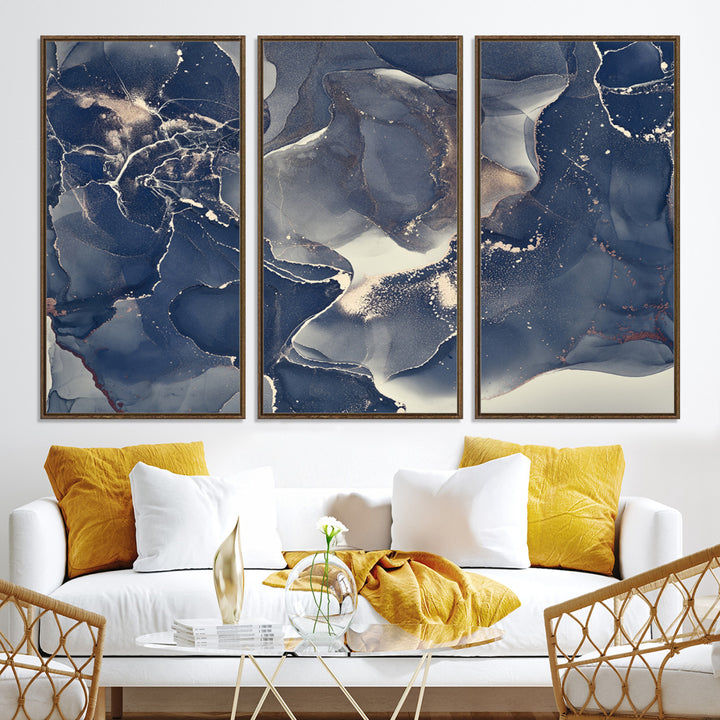 Large Abstract Blue and Gold Canvas Wall Art | Fluid Ink Artwork Print | Luxury Wall Decor for Contemporary Interiors | Framed Ready to Hang