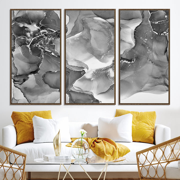 Black White Abstract Canvas Wall Art - Fluid Ink Artwork - Modern Luxury Wall Decor for Contemporary Interiors