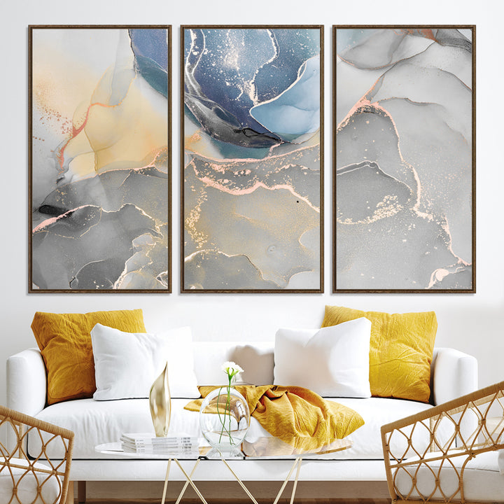 Large Abstract Blue and Gold Canvas Wall Art | Fluid Ink Artwork Print | Luxury Wall Decor for Contemporary Interiors | Framed Blue and Gold