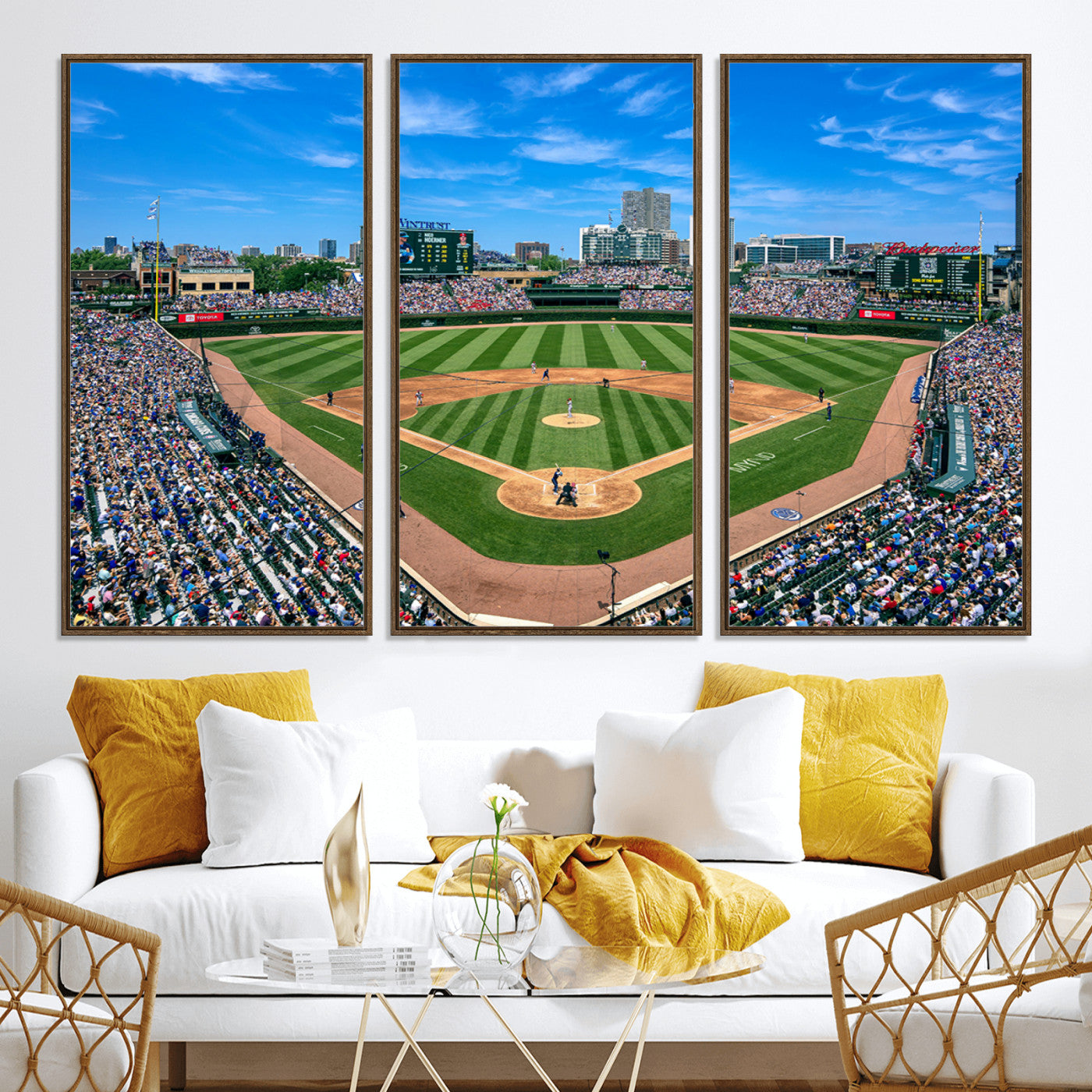 26064-MGV-CV-30X20-Framed Wrigley Field Chicago Cubs Print, Panoramic Multi Piece Canvas Wall Art - Iconic Baseball Stadium Print for Sports Lovers - Ready to