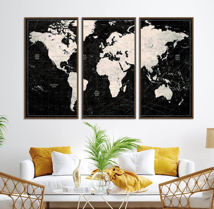 Framed Black and White World Map Canvas Print | 3-Panel Ready to Hang Wall Art for Modern Home Decor | Bold Global Style for Office Decor