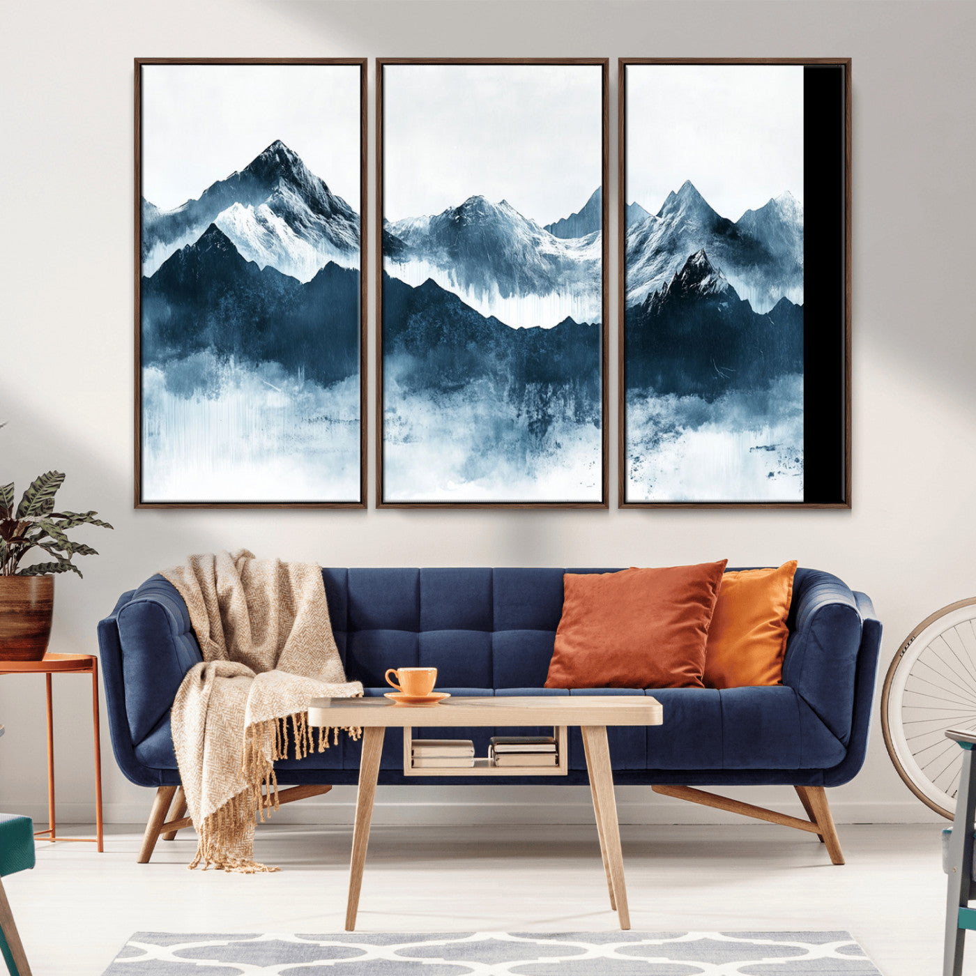 Abstract blue-toned canvas of snowy mountains in misty tones, ideal for minimalist or moody alpine-inspired home decor.