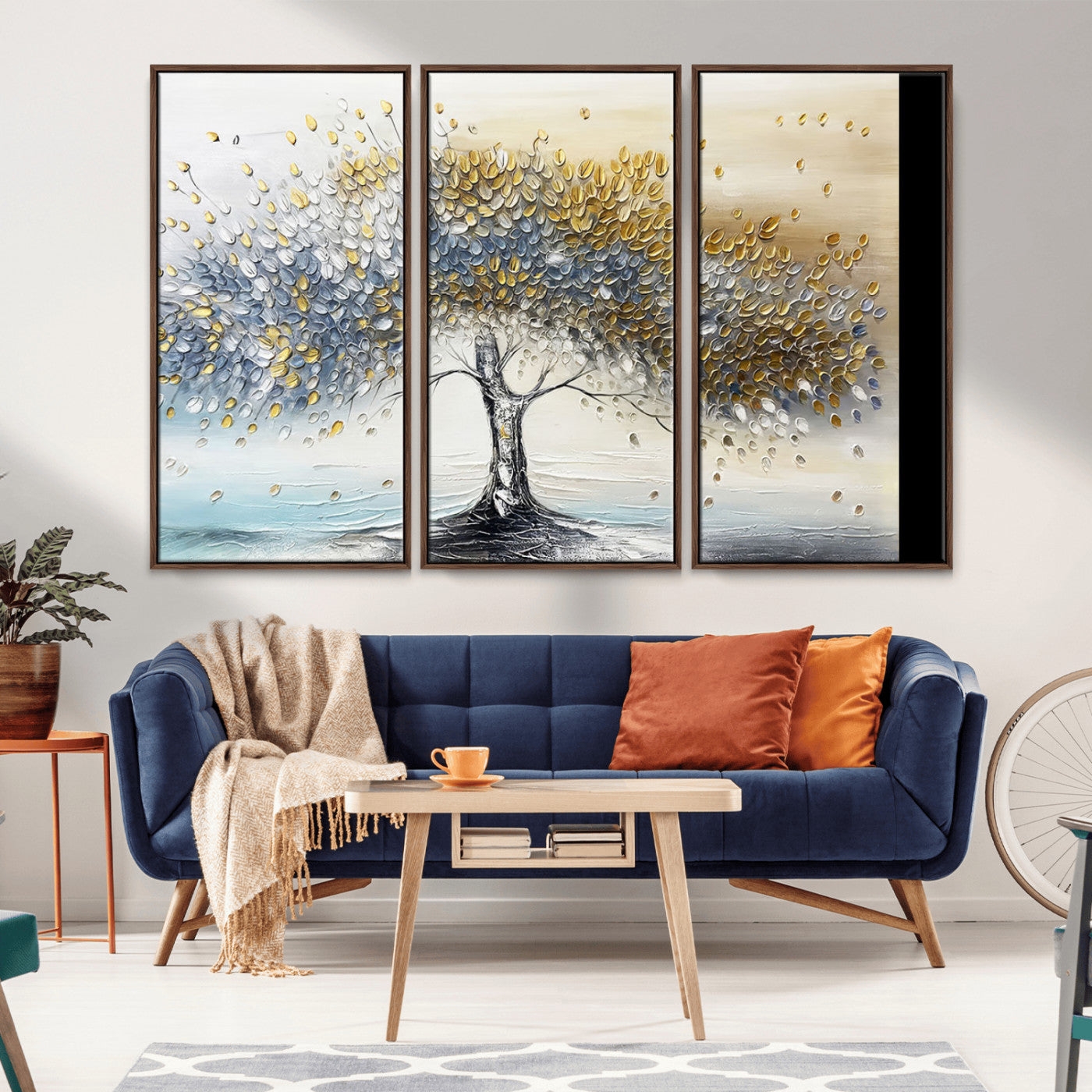 Canvas of a silver and gold textured tree with a soft neutral background, ideal for elegant and minimalist home decor styles.