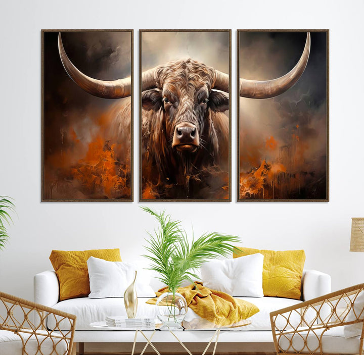 A Highland Bull with striking horns is depicted in a fiery abstract style on a ready-to-hang wall art canvas, evoking strength.