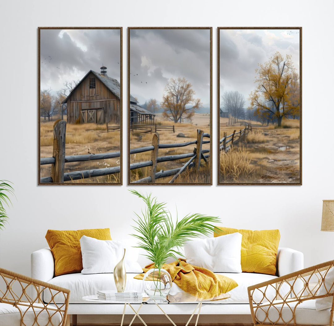 Rustic Autumn Farmhouse Wall Art – Weathered Barn & Trees Canvas Print, featuring a serene scene with birds in the sky. This piece is ready to hang.