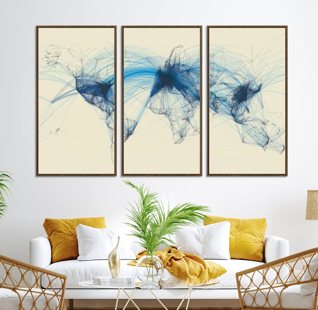 Flight Routes Map: Air Traffic Avi World Map featuring blue lines symbolizing global data. Ideal for home decor and ready to hang.