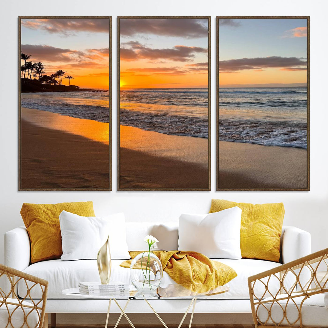 Sunset Wall Art Print featuring a beach sunset with waves and palms, perfect for coastal decor.