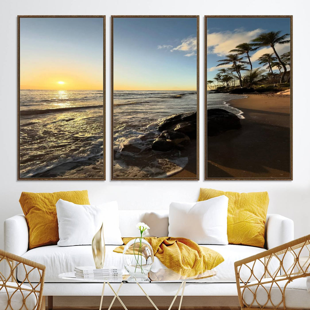 A serene tropical sunset on canvas, featuring palms and waves, serves as perfect Tropical Beach Wall Art for home or office decor.