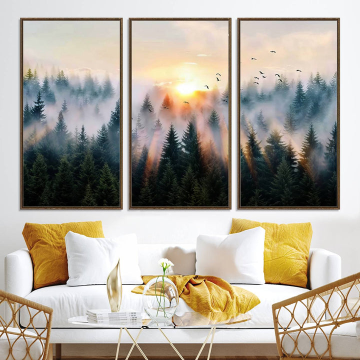 Sunrise over a misty forest with rays filtering through trees in the Abstract Forest Wall Art featuring soaring birds.