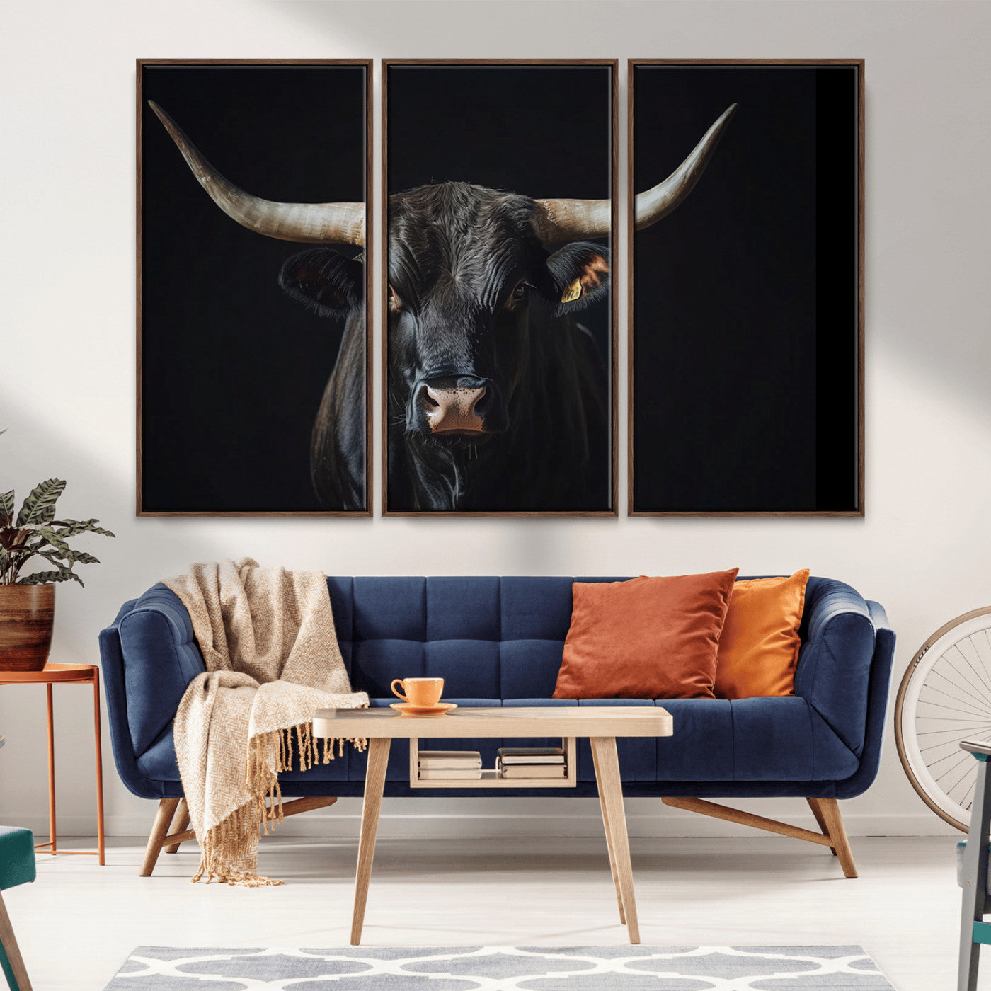 Canvas of a black longhorn bull against a dark background, featuring moody tones and western character for rustic or cowboy-inspired spaces.