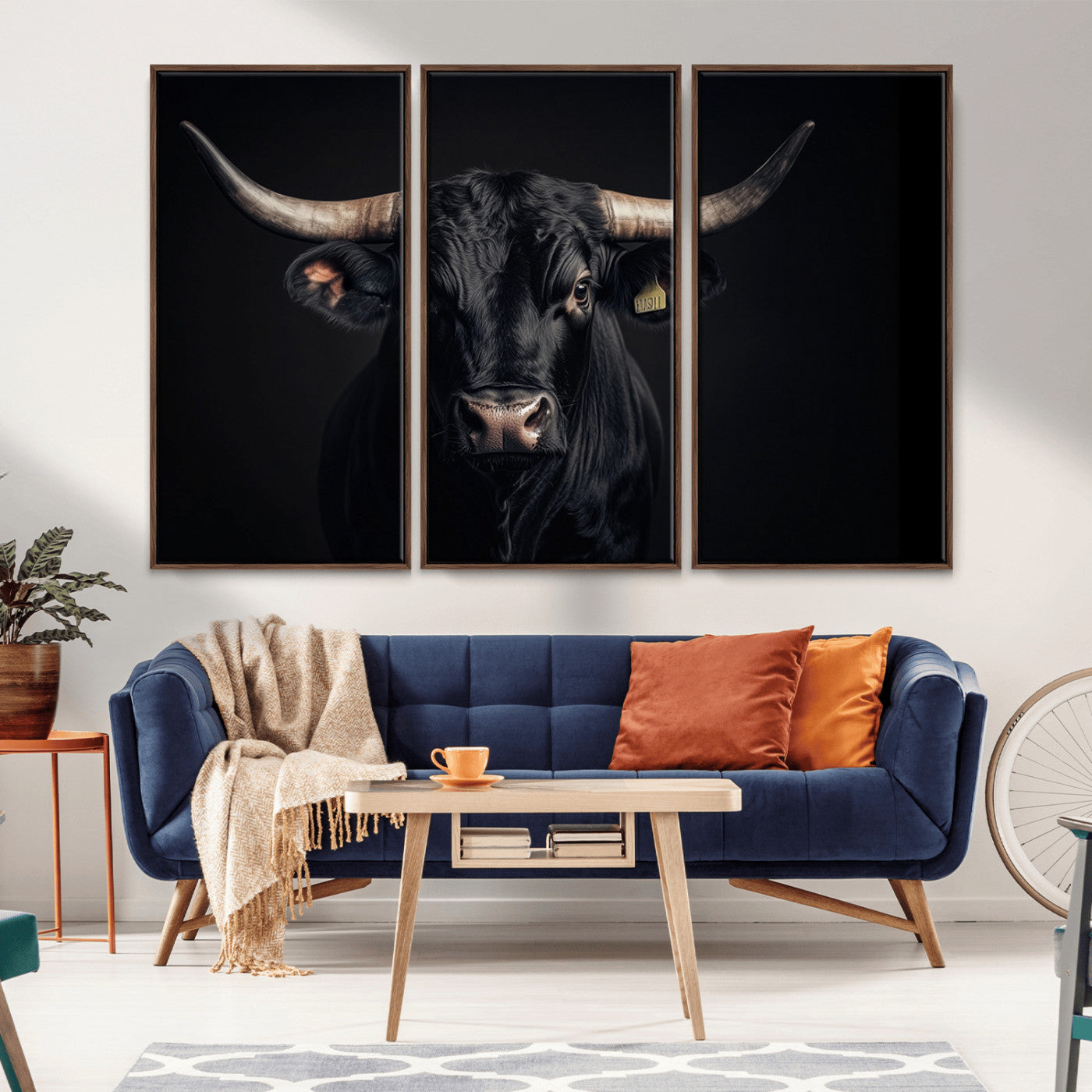 Canvas featuring a black horned bull in moody lighting on a dark background, perfect for western or rustic farmhouse-style home decor.