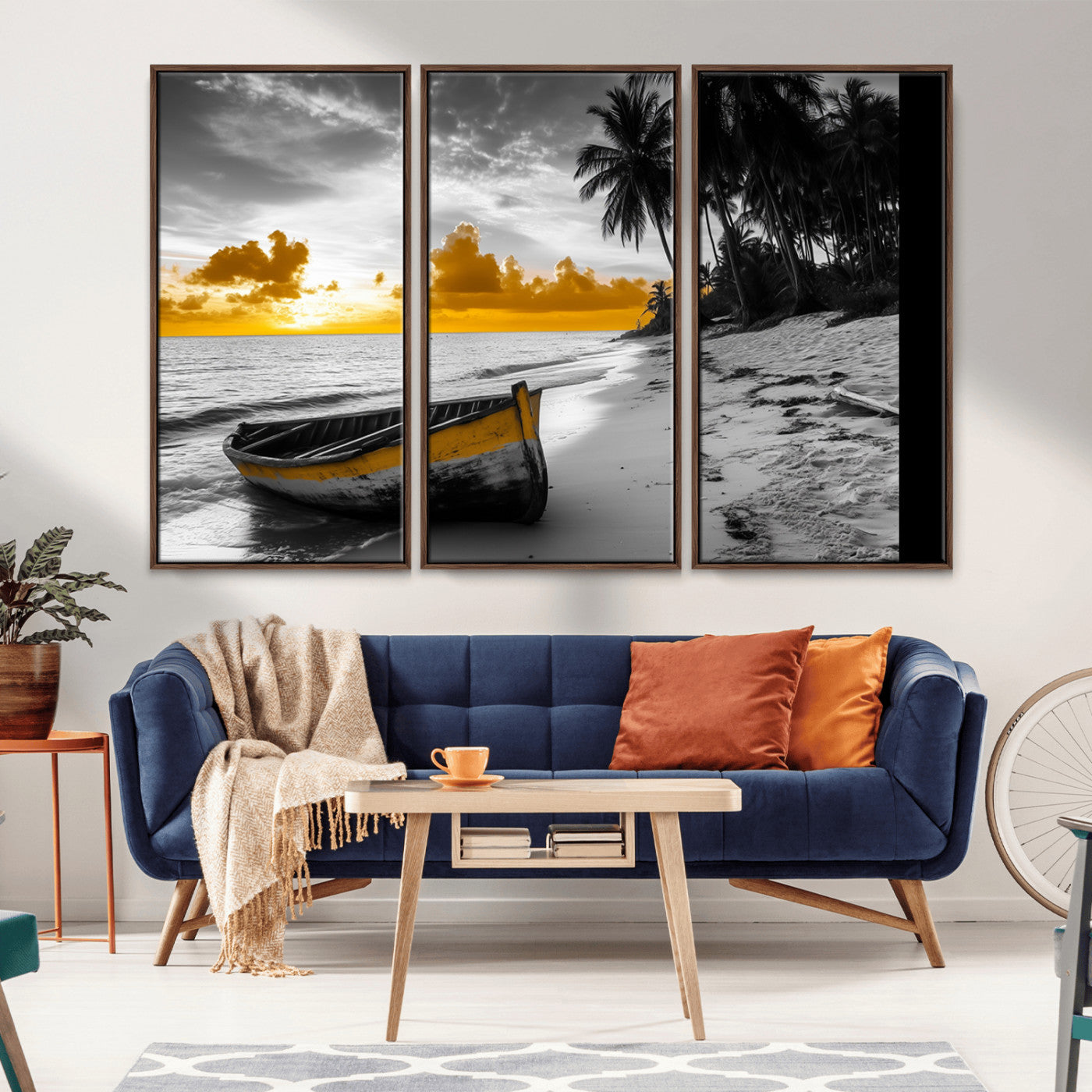 Canvas of a yellow rowboat on a black and white tropical beach with golden sunset sky, ideal for coastal or tropical-themed home decor.