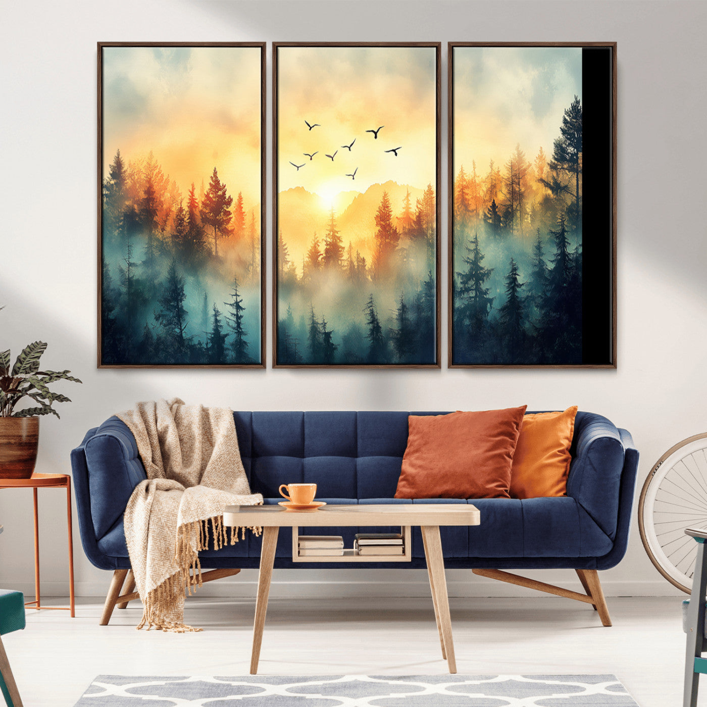 Canvas of a misty pine forest at sunrise with golden light and birds flying across the sky, perfect for tranquil nature-themed wall decor.