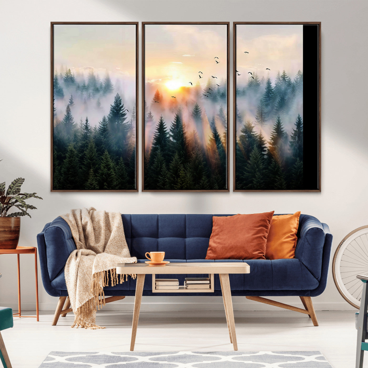 Canvas of a misty pine forest at sunrise with birds flying through golden morning rays, perfect for serene and moody woodland-style home decor.