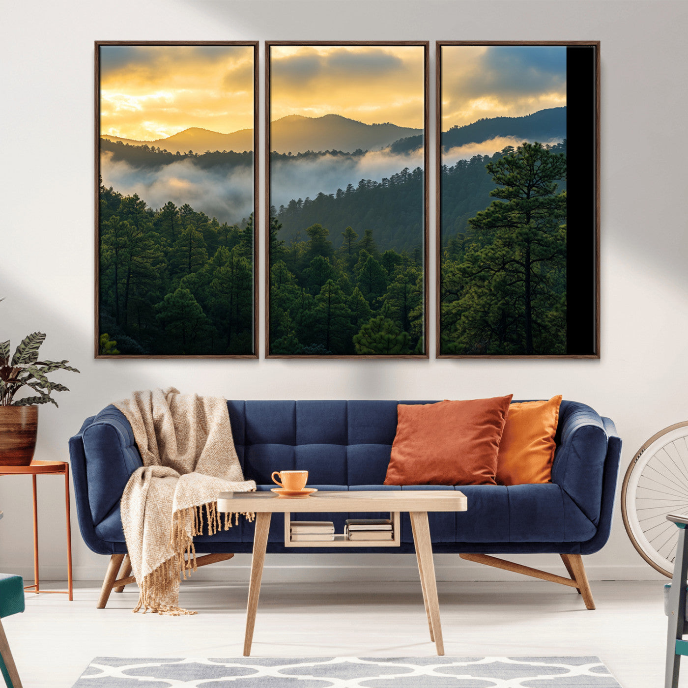 Canvas of misty pine-covered mountains at sunrise, featuring golden light and fog layers, ideal for tranquil earthy home decor.