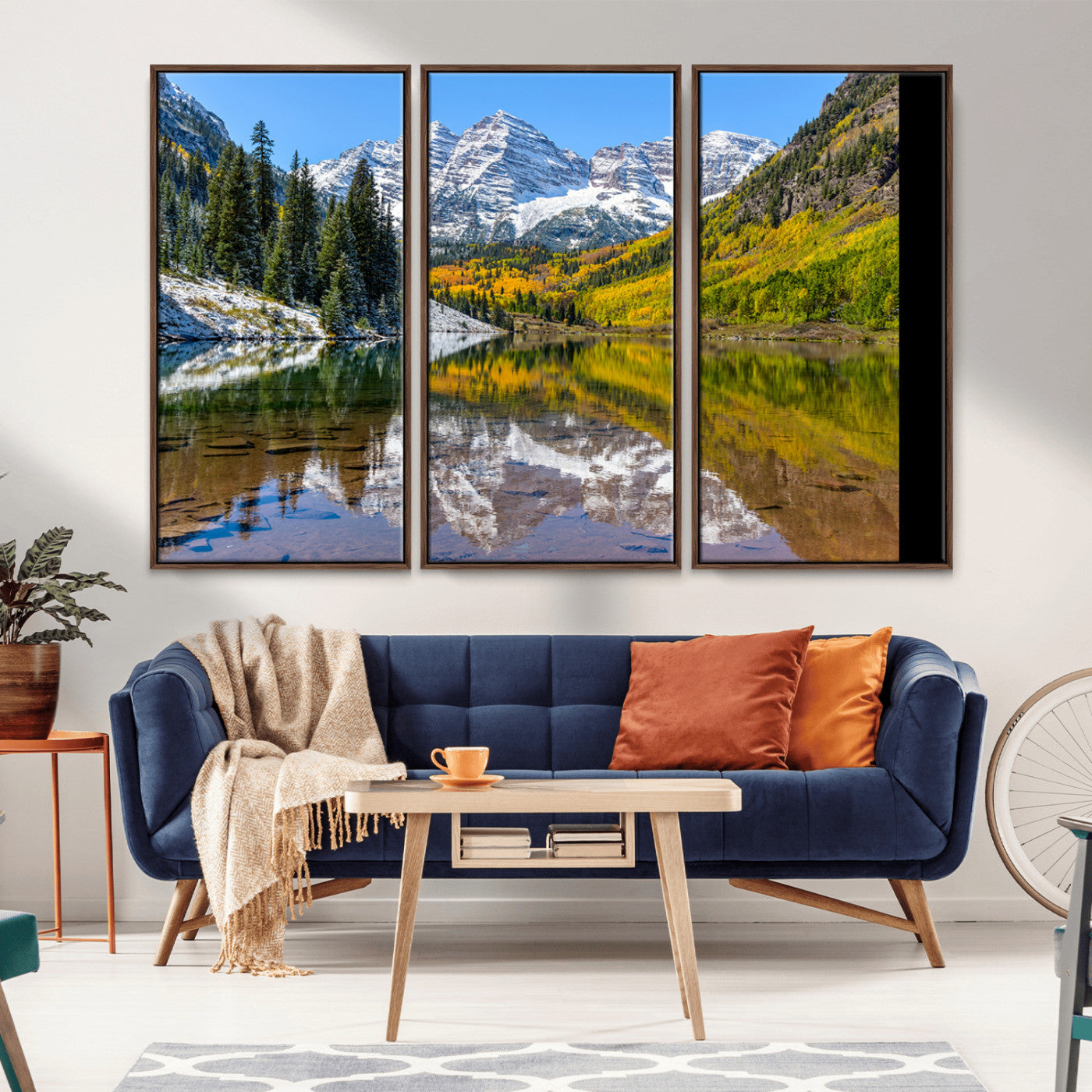 Canvas of Maroon Bells reflected in a clear alpine lake, with golden aspens and snowy peaks, ideal for crisp autumn or mountain-themed decor.