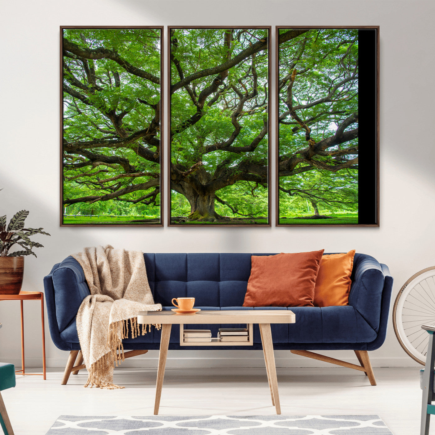 Canvas of an ancient tree with sprawling branches and vibrant green foliage, perfect for earthy, nature-inspired home decor.