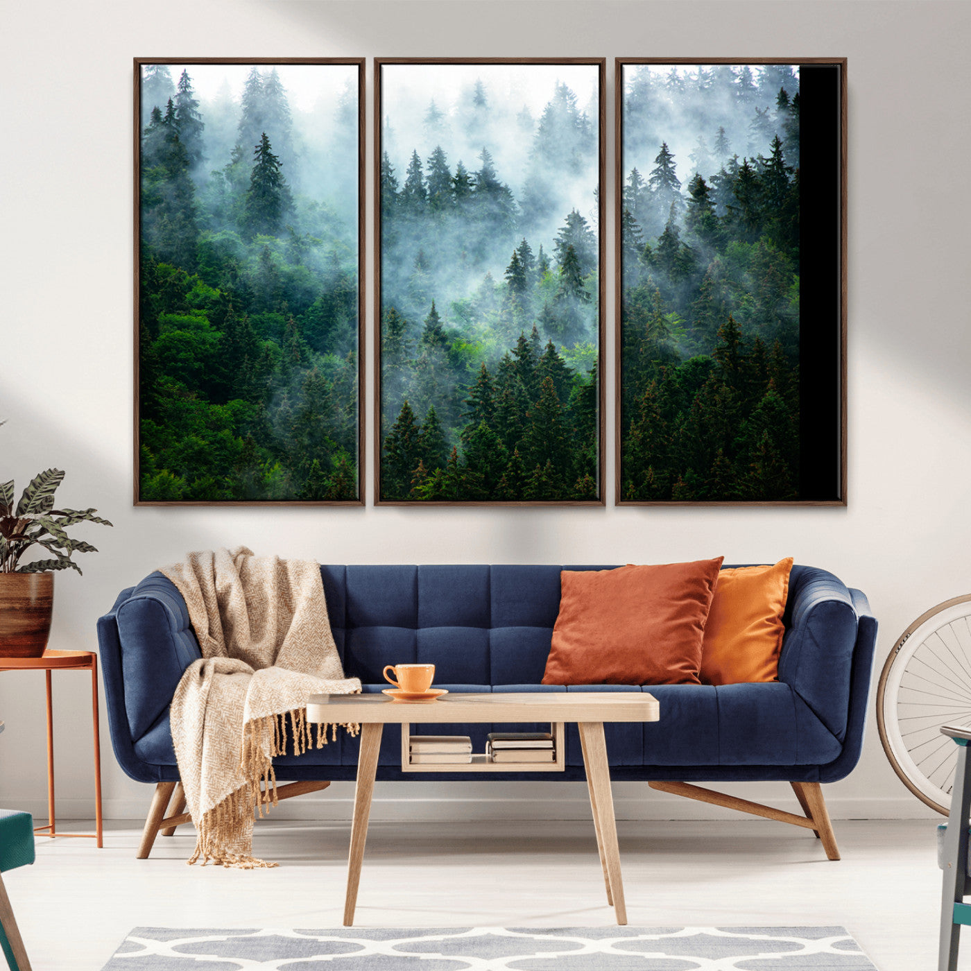 A captivating view of a dense pine forest blanketed in drifting fog, evoking a mystical and tranquil atmosphere.