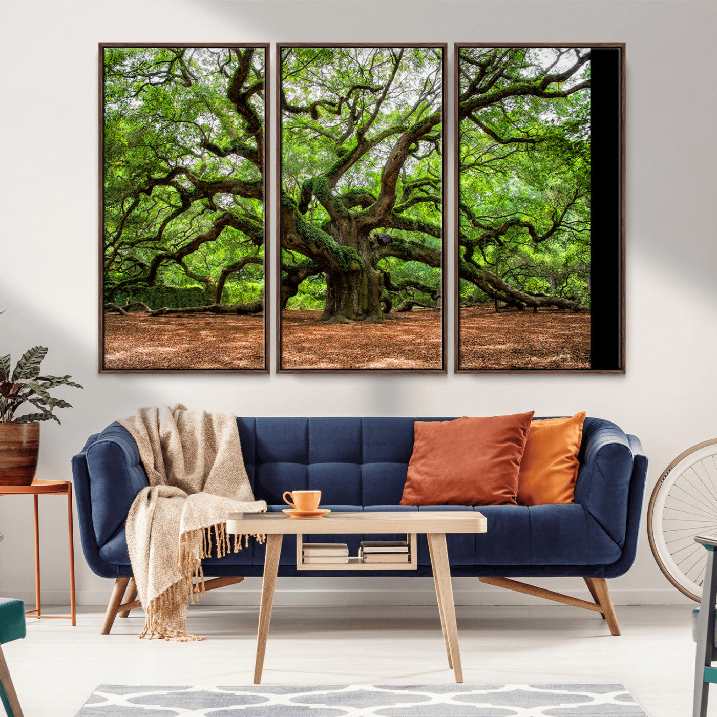 A majestic, ancient tree with expansive, twisting branches spreading wide under a dense, vibrant green canopy in a serene forest clearing.