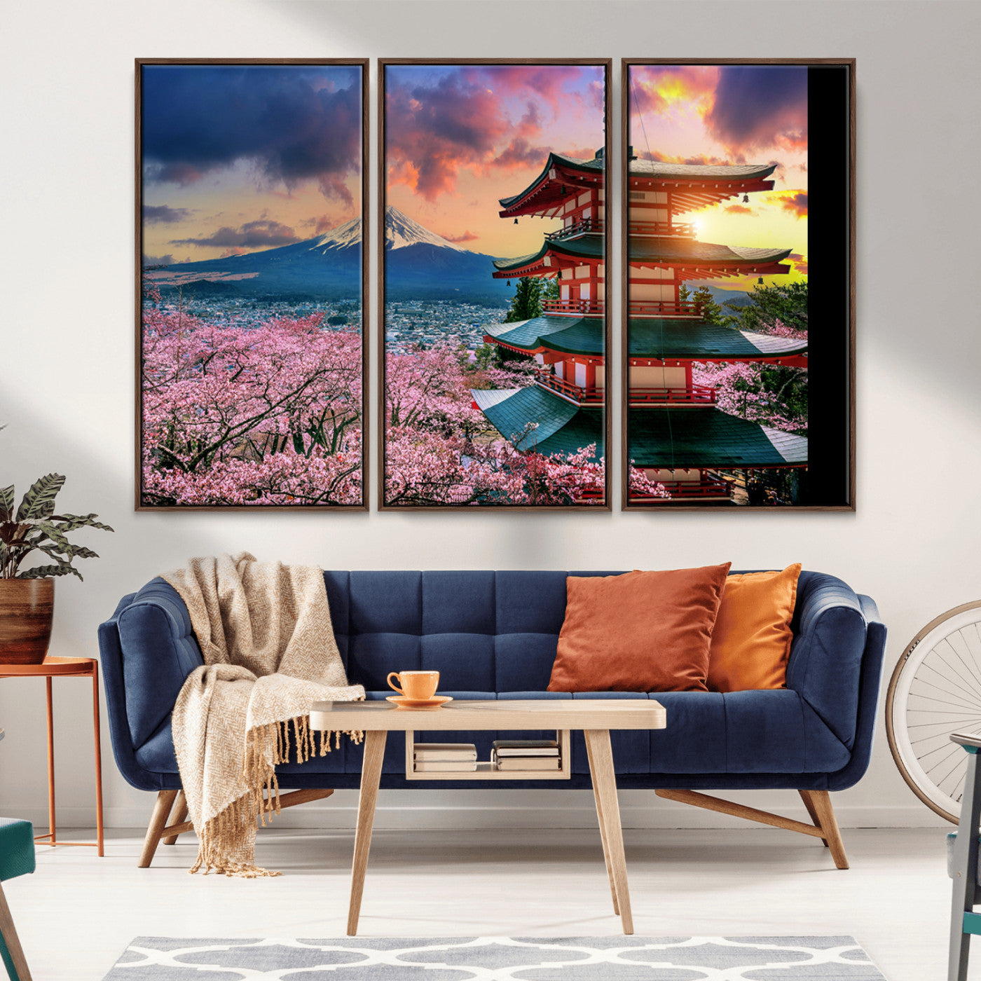 Mount Fuji & Cherry Blossom Wall Art Canvas Print – Iconic Japanese Landscape, Sakura Pagoda Sunset, Multi-Panel Framed Artwork for Home, Office & Zen Decor