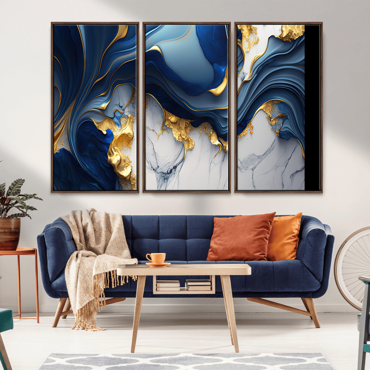 Canvas art with swirling blue marble and gold textures, ideal for elegant glam or modern luxury interior design settings.