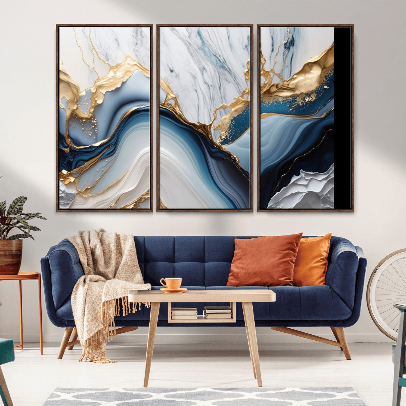 Abstract canvas with blue marble textures and flowing gold veins, ideal for modern luxury or coastal-inspired interior decor.