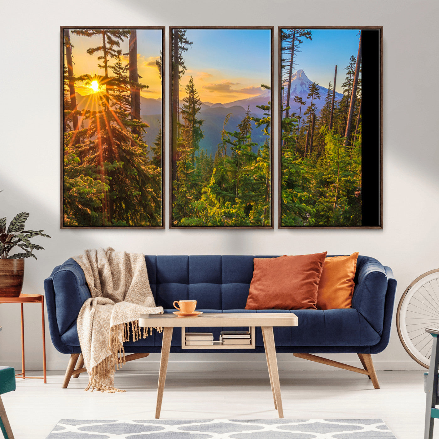 Colorful canvas of Mount Hood and Oregon forest at sunset, featuring sunburst light and lush pine trees for rustic nature decor.